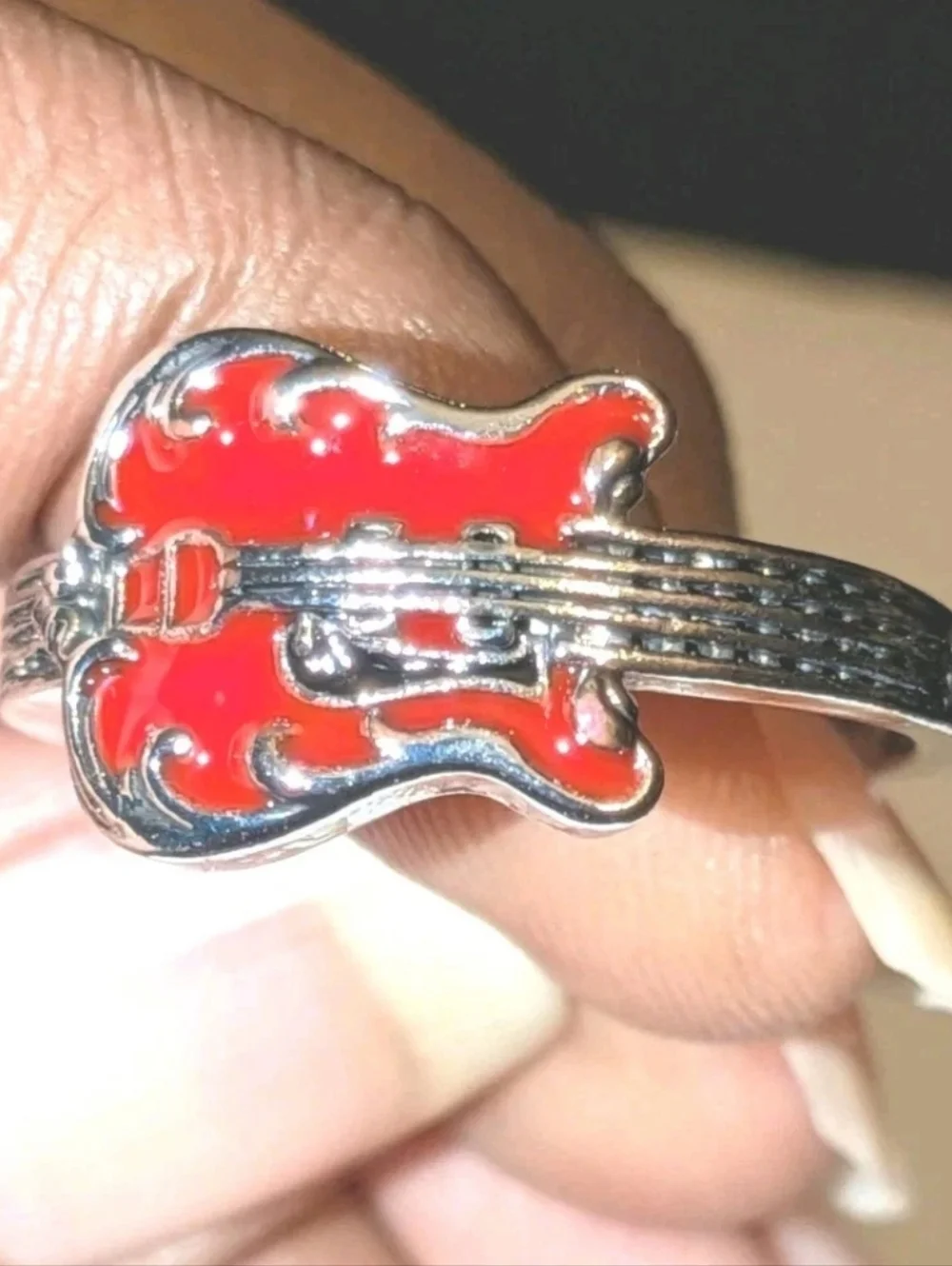Elvis Inspired Silver Plated Guitar Red Enamel   Unisex Intricate Detailed Ring